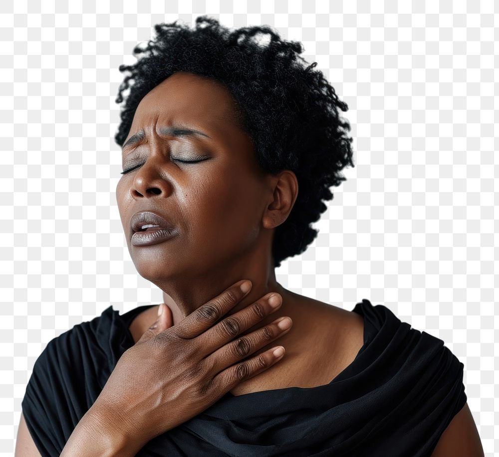 PNG Black mature woman having difficulty in breathing adult pain contemplation.