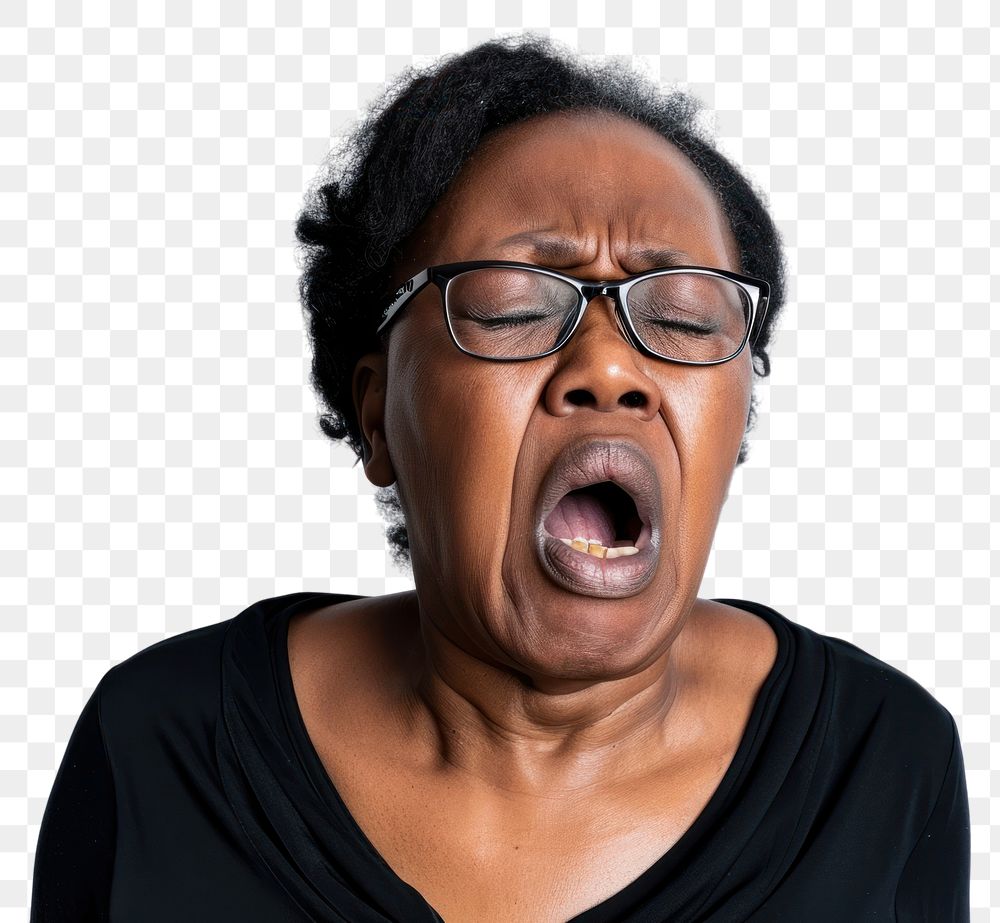 PNG Black mature woman having difficulty in breathing shouting glasses adult.