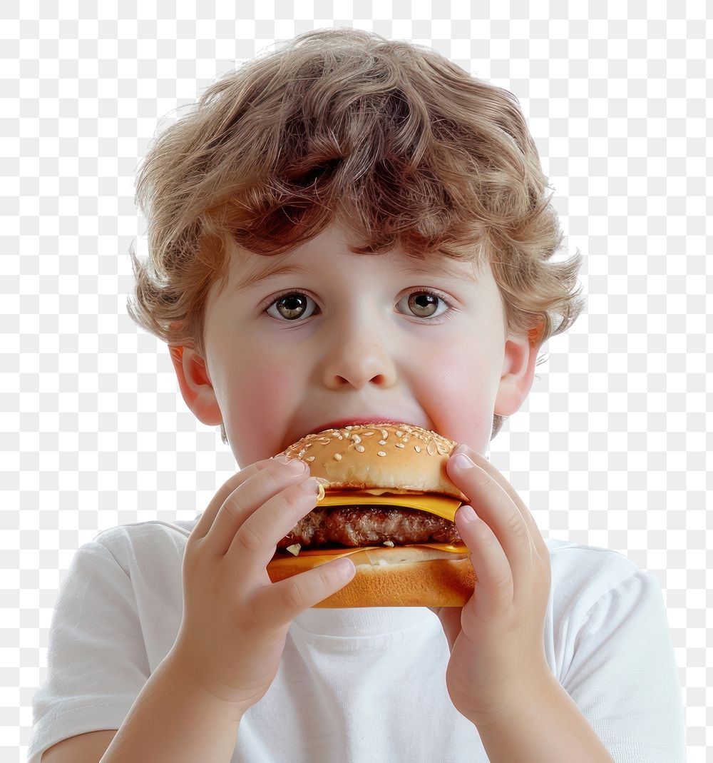 PNG Chubby little boy in white shirt eating a hamburger biting food baby.