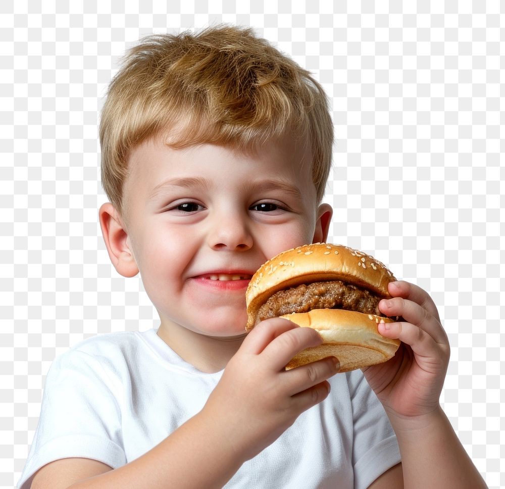 PNG Chubby little boy in white shirt eating a hamburger biting food baby.