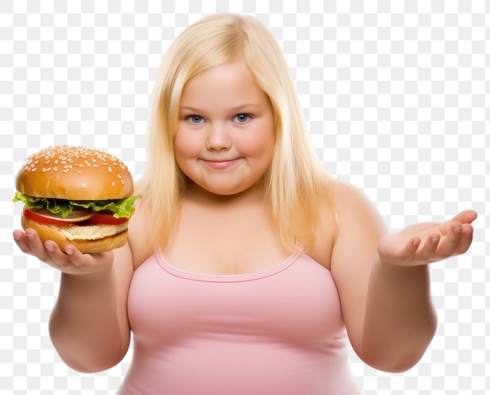 PNG Chubby woman holding a hamburger finger eating food.