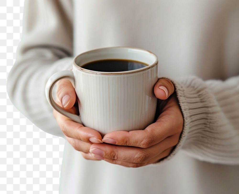 PNG Hadn holding a cup of black coffee drink mug refreshment.