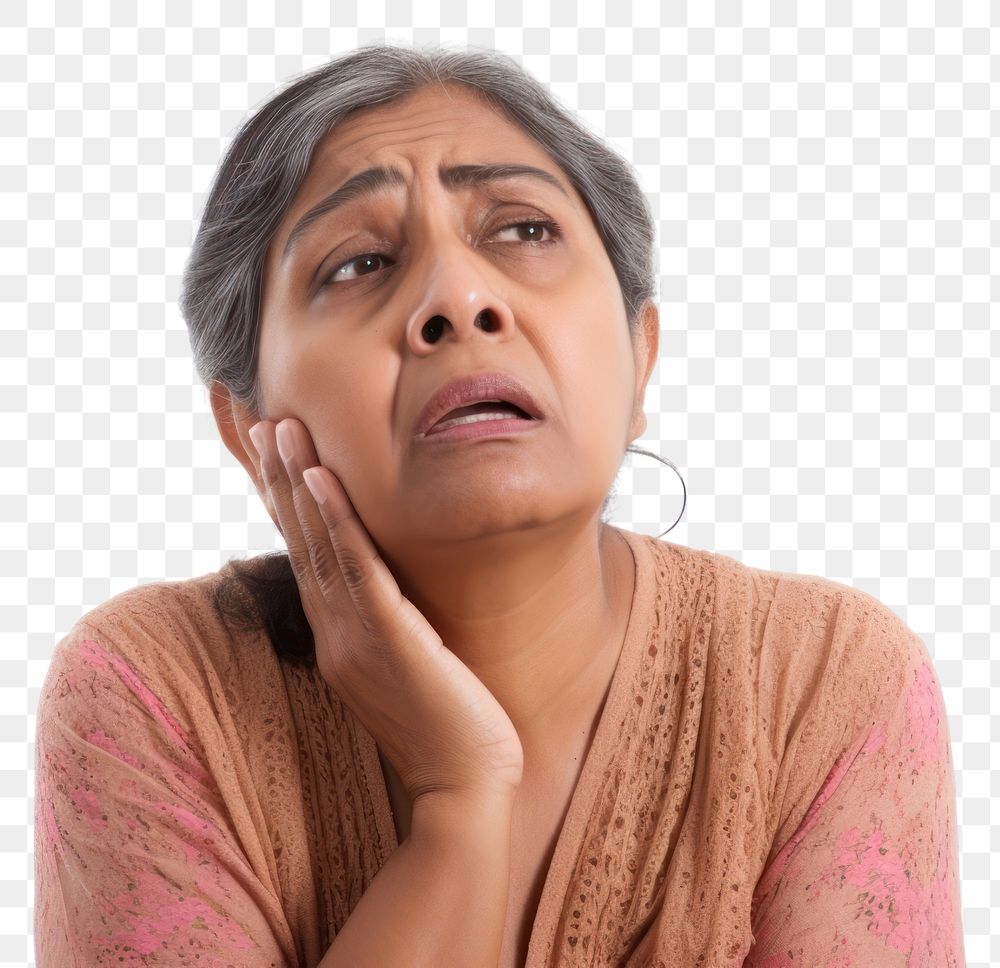 PNG Mature indian woman worried adult pain.