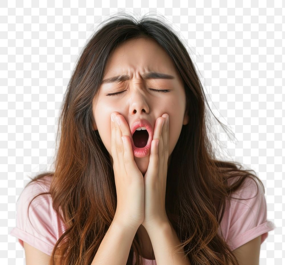 PNG Asian girl yawning frustration overworked.