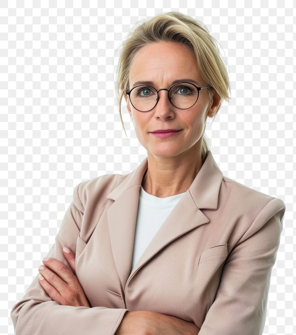 PNG Good-looking middle-aged businesswoman with arms crossed portrait glasses adult.