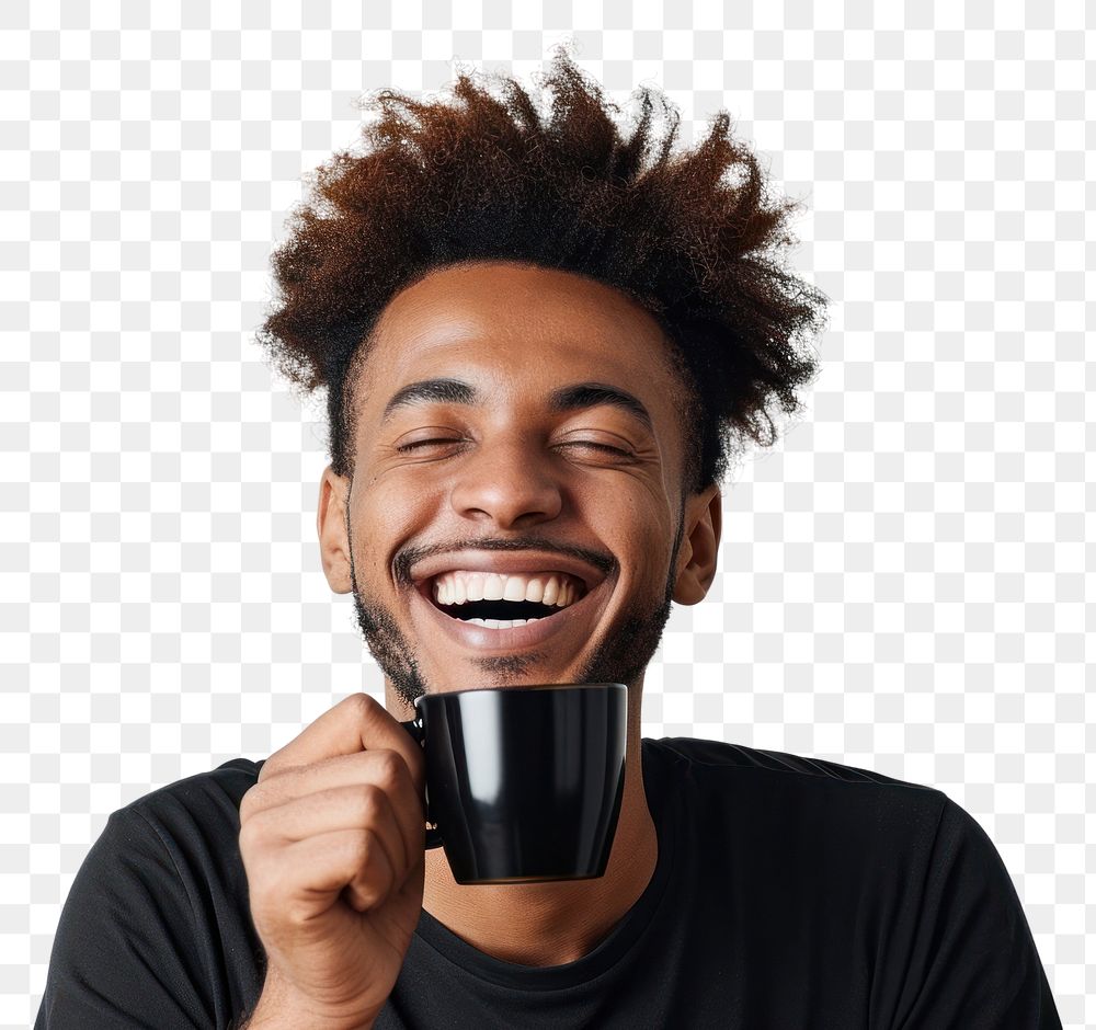 PNG Happy man drinking black coffee laughing smile cup