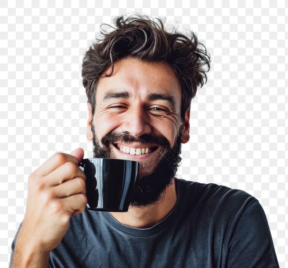 PNG Happy man drinking black coffee laughing smile cup.