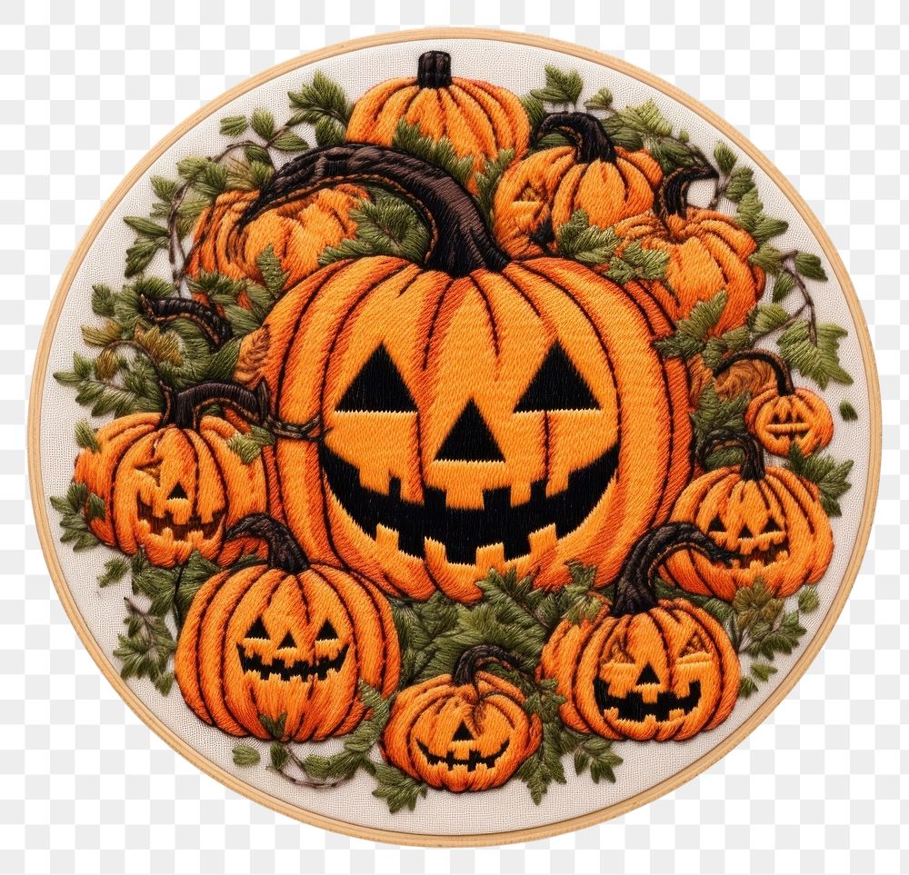 PNG Halloween in embroidery style pattern anthropomorphic jack-o'-lantern.