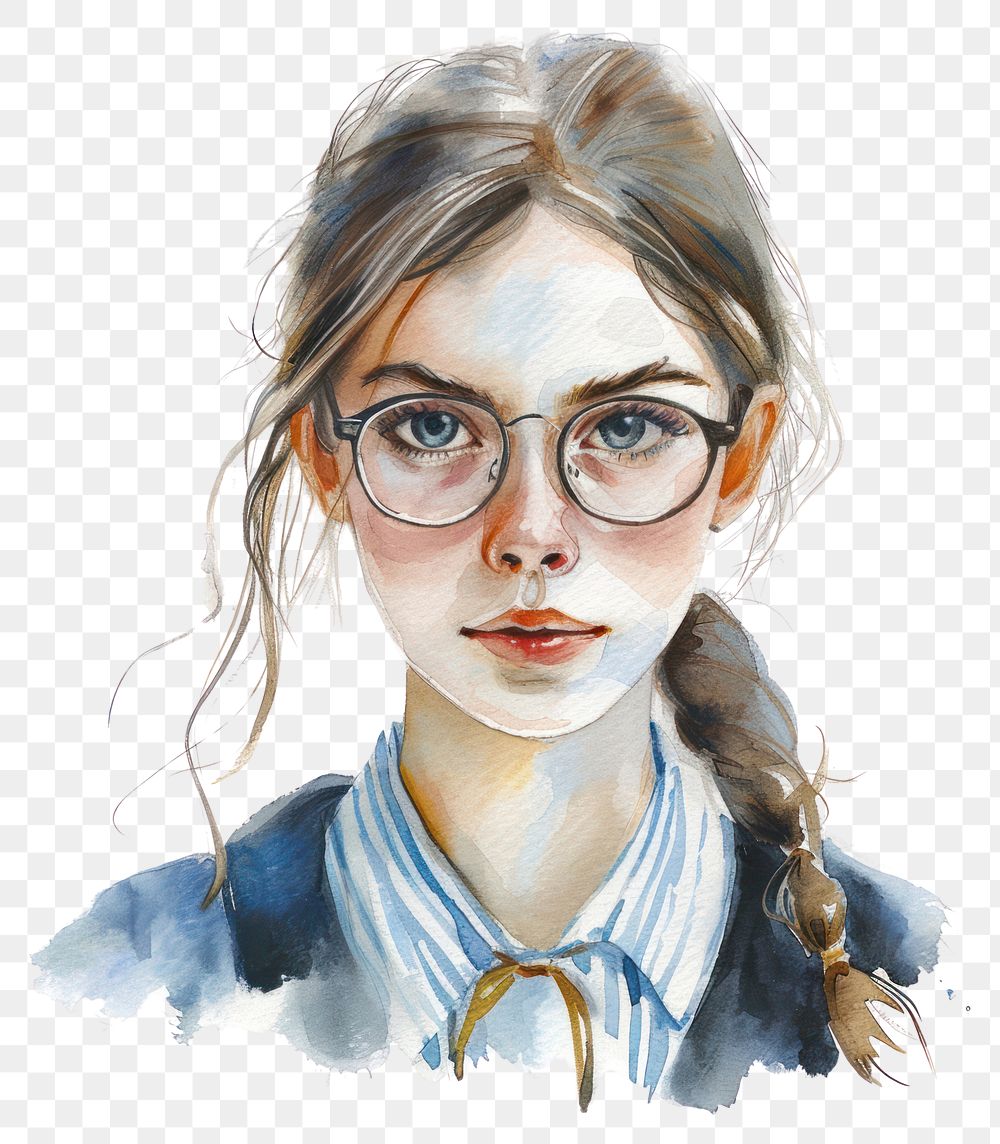 PNG School girl portrait painting glasses.