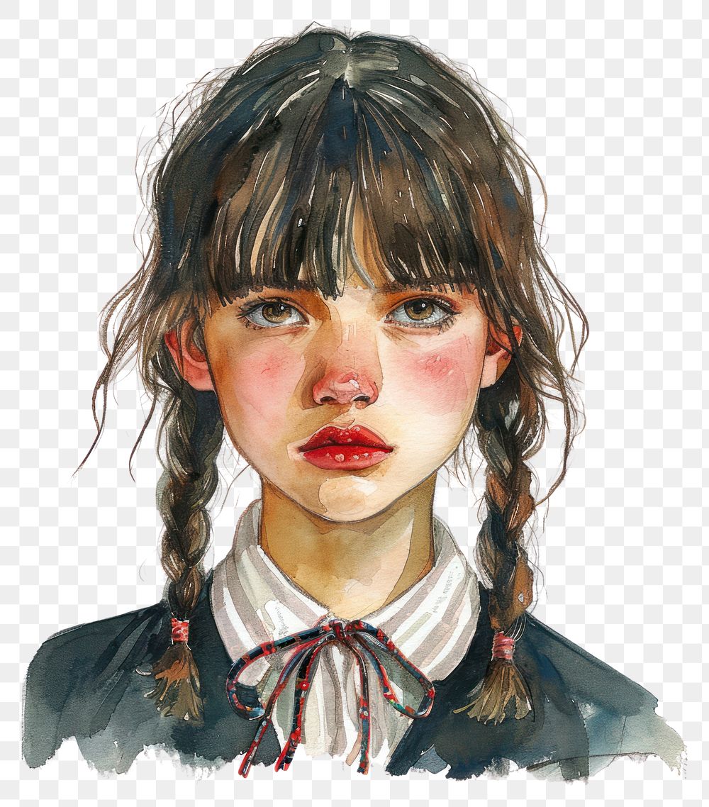 PNG School girl portrait painting white background.