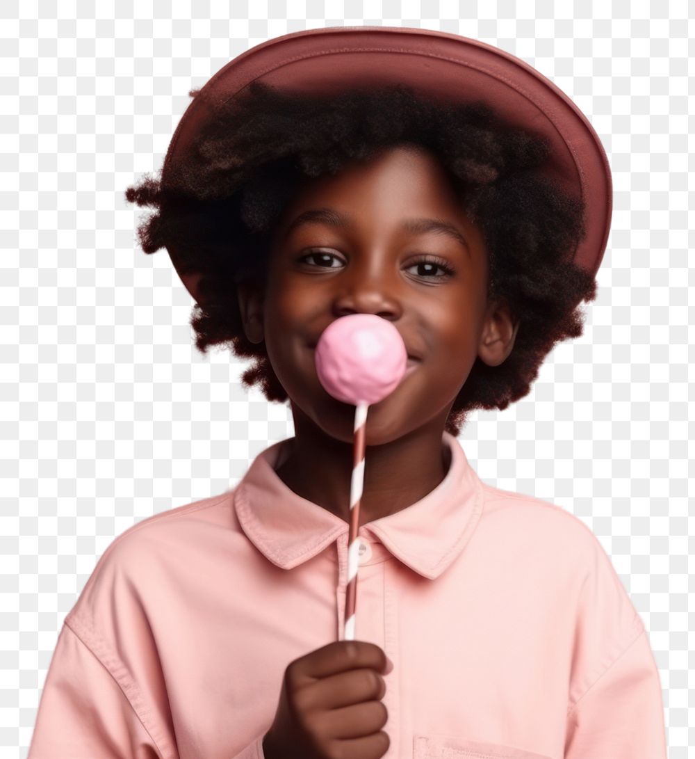 PNG African American boy with lolly pink food confectionery.
