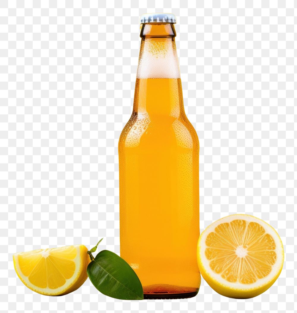 PNG Beer bottle mockup lemon fruit drink.