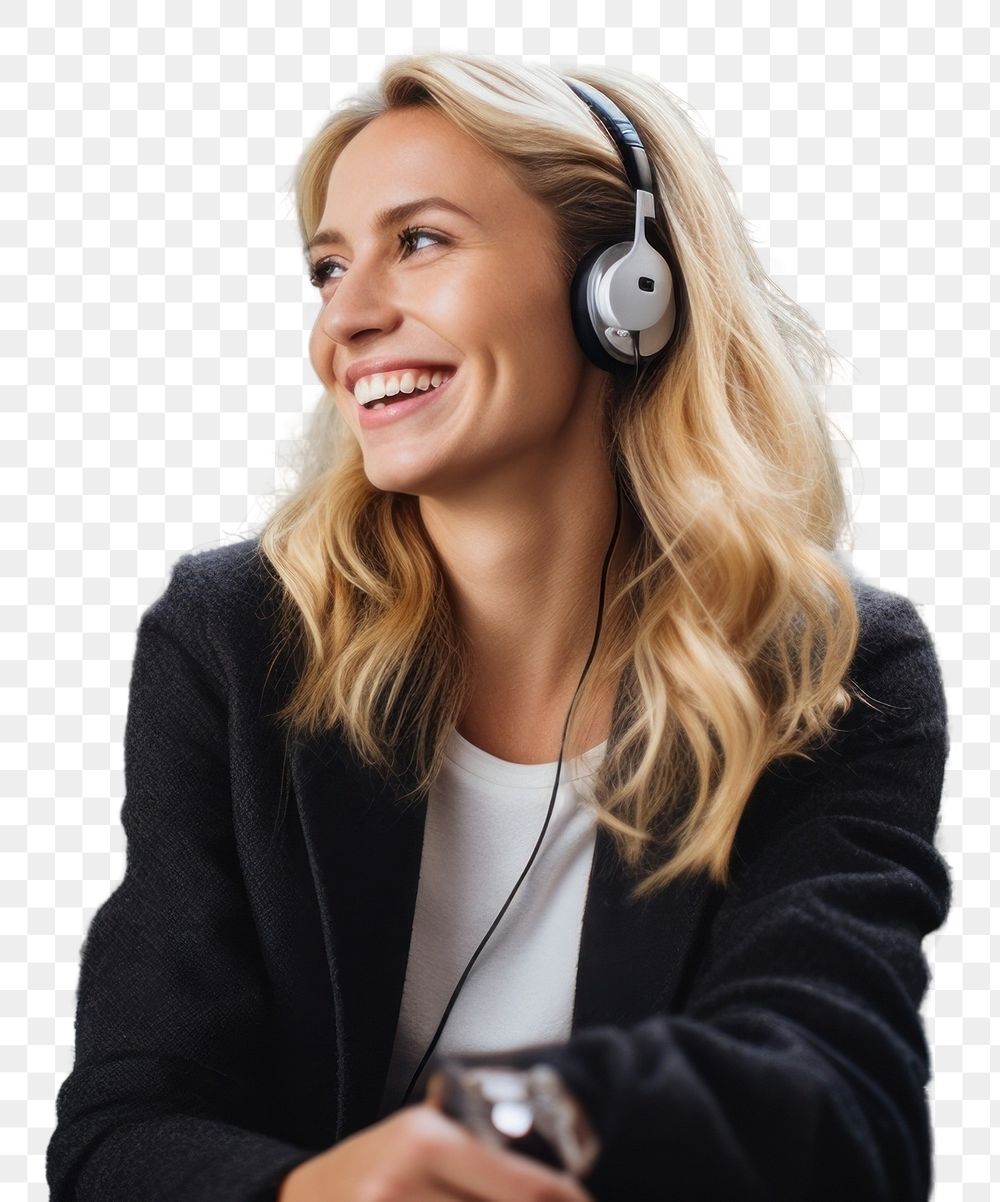 PNG  Wired earphones headphones headset smiling.