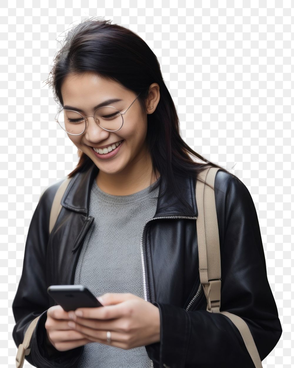 PNG  Smart phone smiling adult woman.