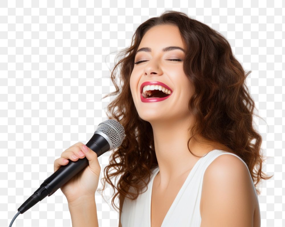 PNG Happy woman singing song with smile microphone laughing adult.