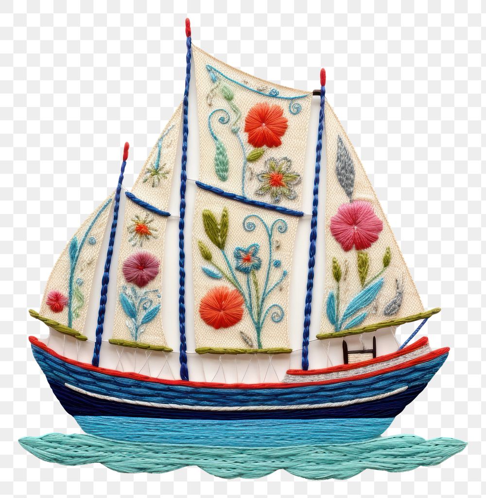 PNG The boat in embroidery style sailboat vehicle pattern.