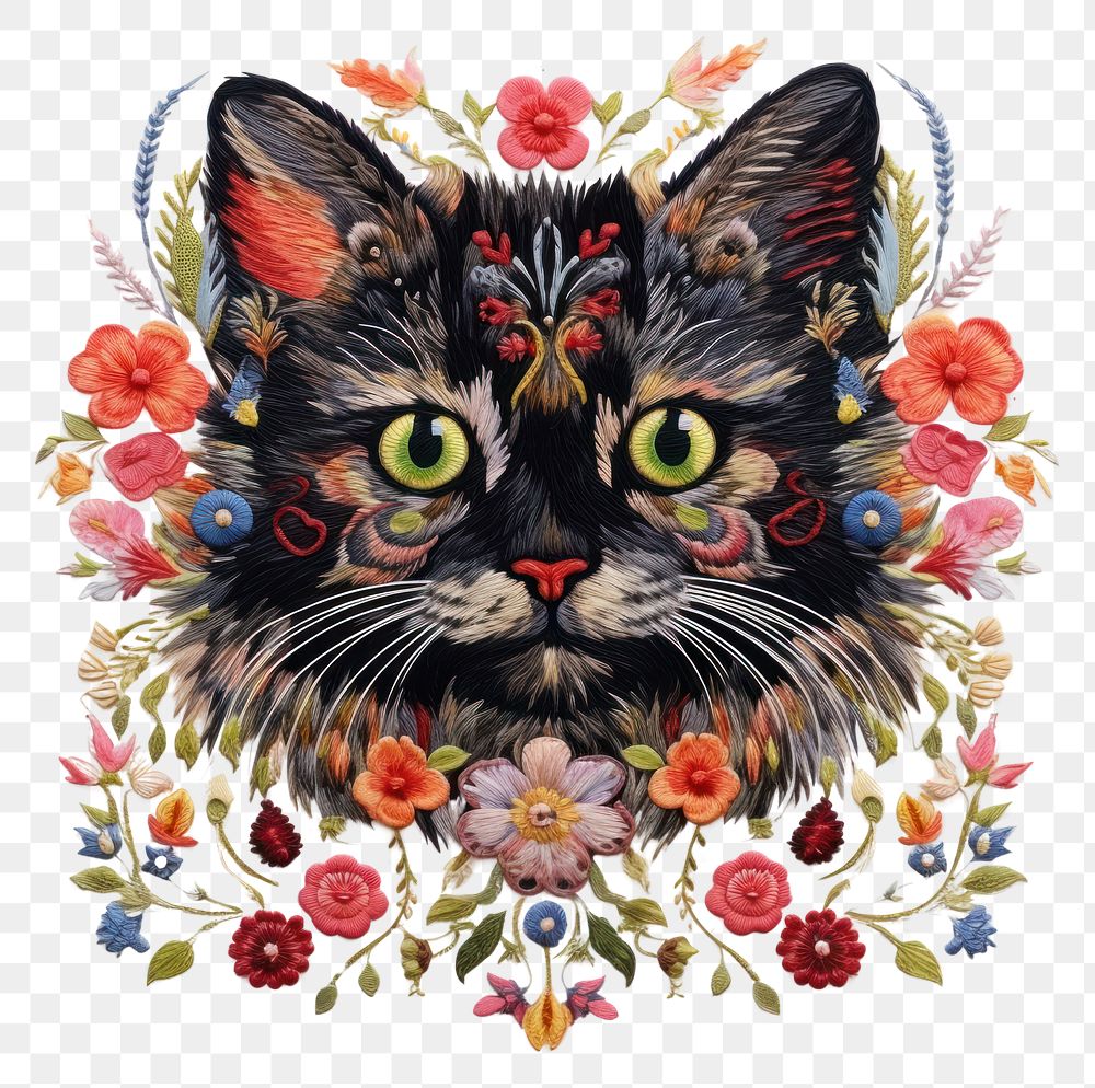 PNG The cat in embroidery style pattern animal mammal.