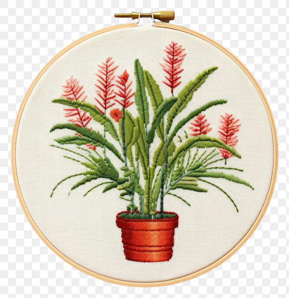PNG Plant in embroidery style needlework textile pattern.