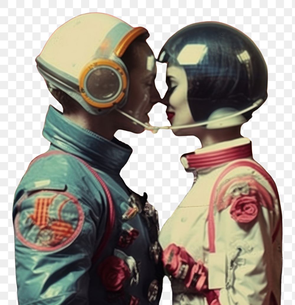 PNG  Collage Retro dreamy astronaut couple in futuristic city helmet adult architecture.