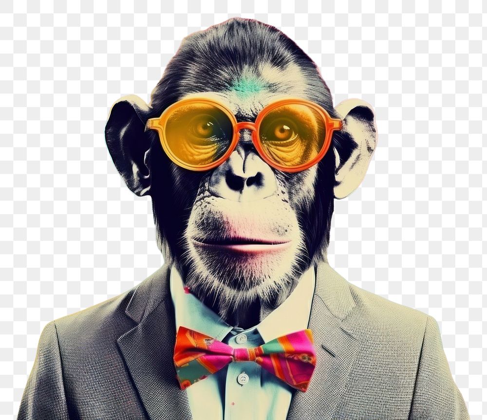 PNG  Collage Retro dreamy of monkey business ape wildlife portrait.