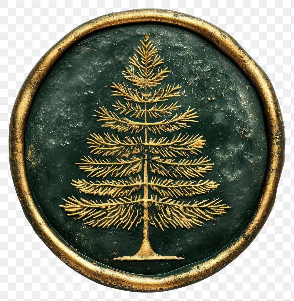 PNG Seal Wax Stamp of a vintage pine tree gold jewelry green.