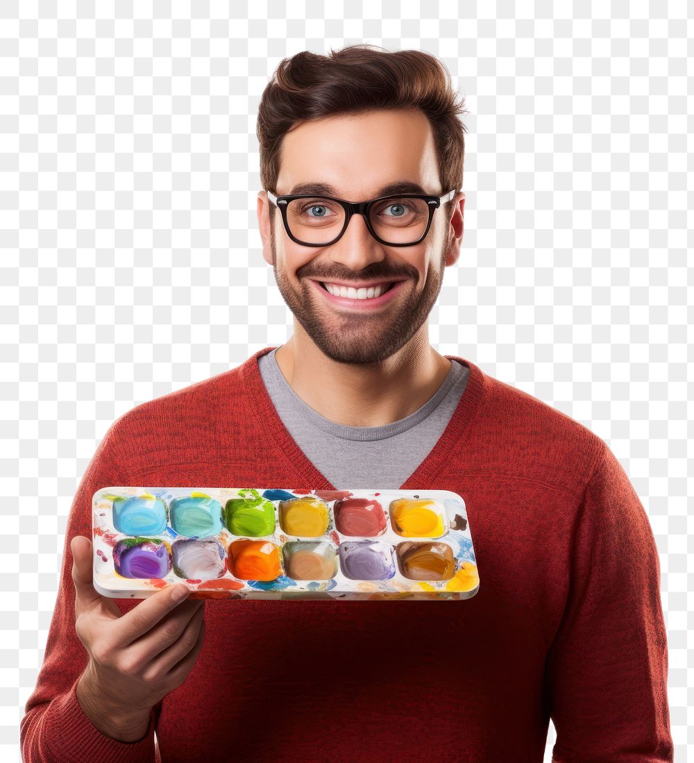 PNG  Young artist caucasian man holding a palette glasses adult smile. AI generated Image by rawpixel.