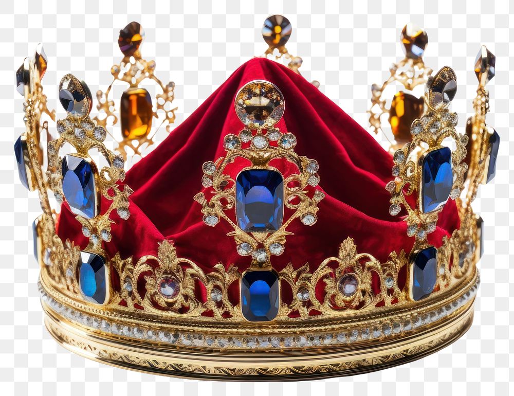 PNG  A crown with sapphire and red velvet jewelry white background accessories. AI generated Image by rawpixel.