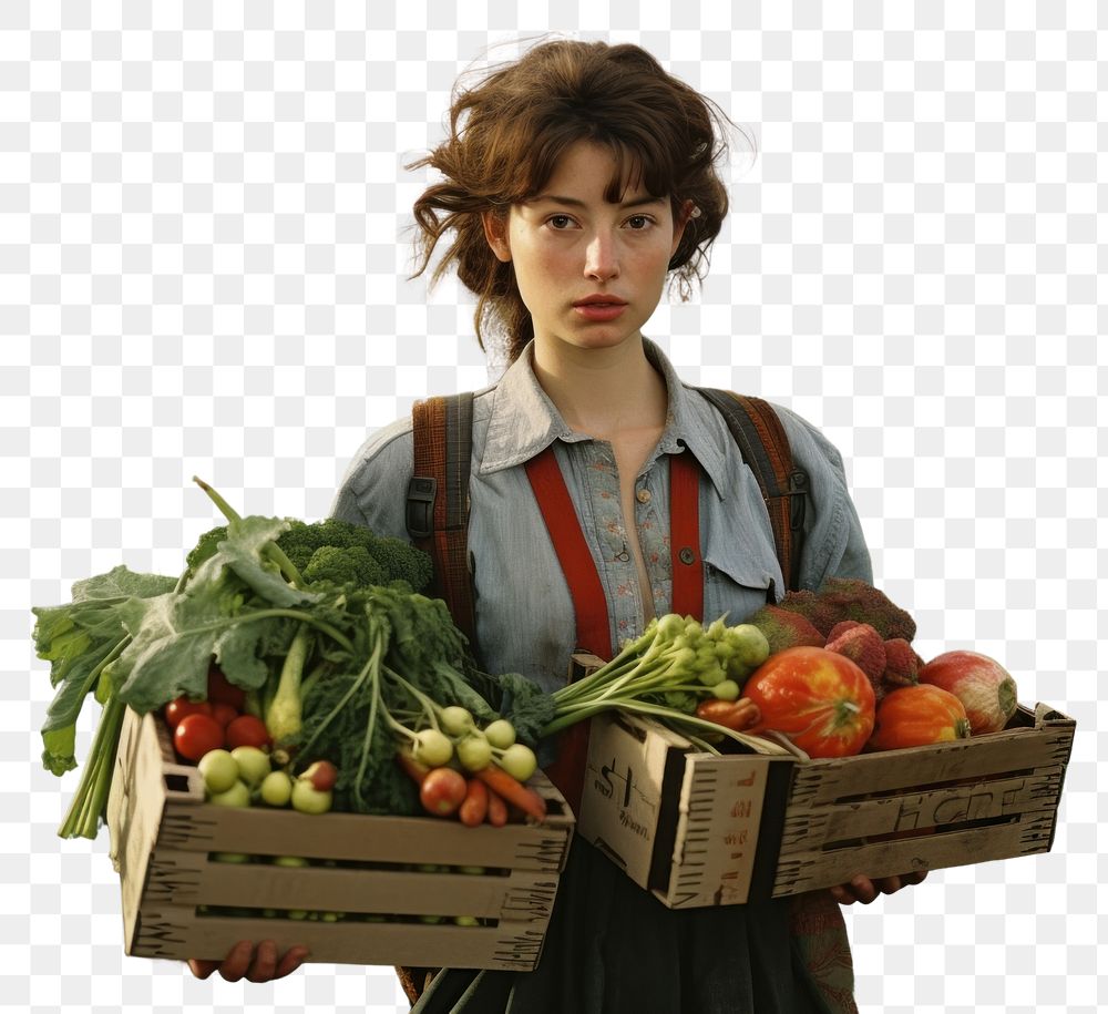 PNG Young woman carrying boxes of fresh vegetables in a field landscape outdoors food.