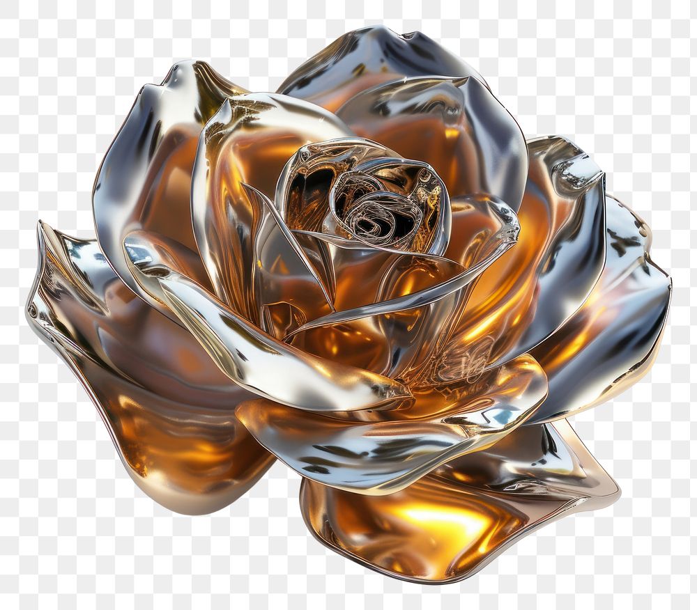 PNG 3d render of rose jewelry brooch metal.
