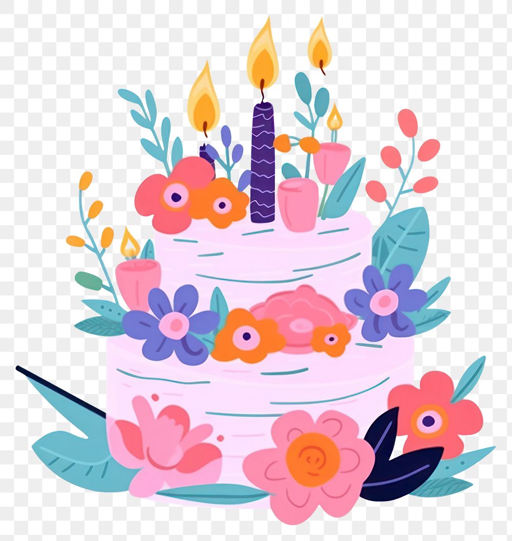 PNG Birthday cake with flowers dessert food illuminated.