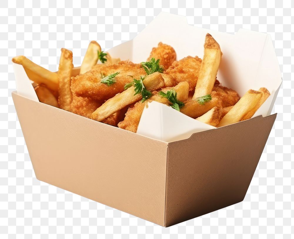 PNG Restaurant fish and chips food box white background vegetable.