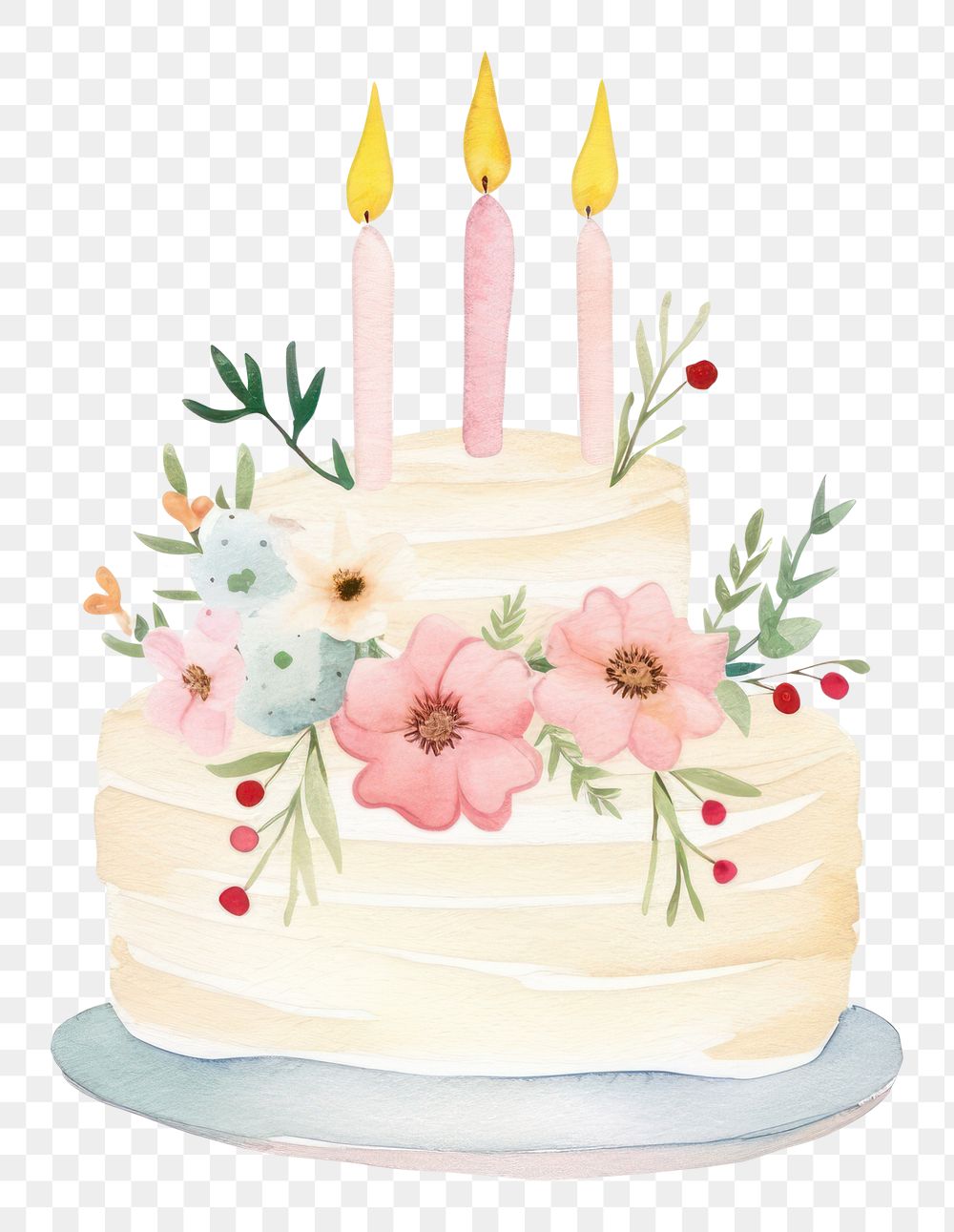 PNG Birthday cake hand drawn watercolor dessert food anniversary.