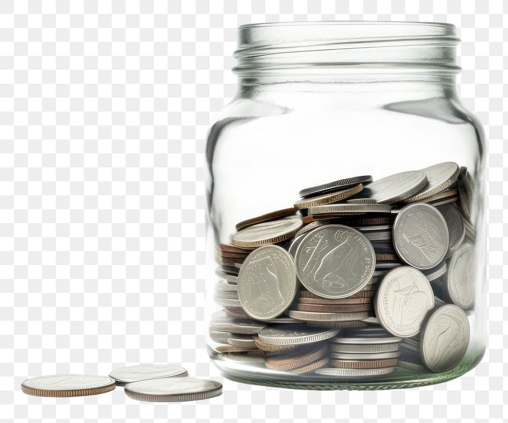 PNG Donating money coin jar white background.