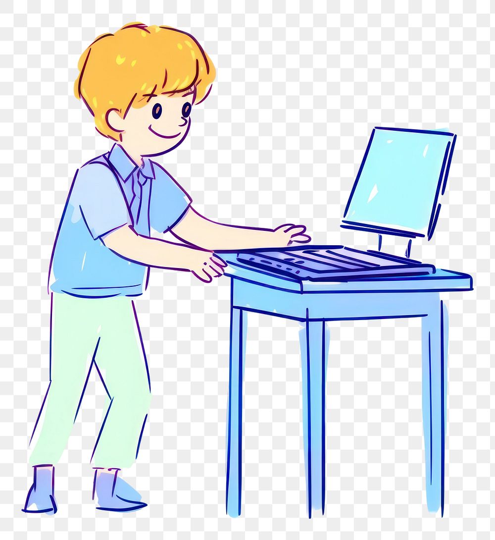 PNG Kid playing computer furniture cartoon laptop.