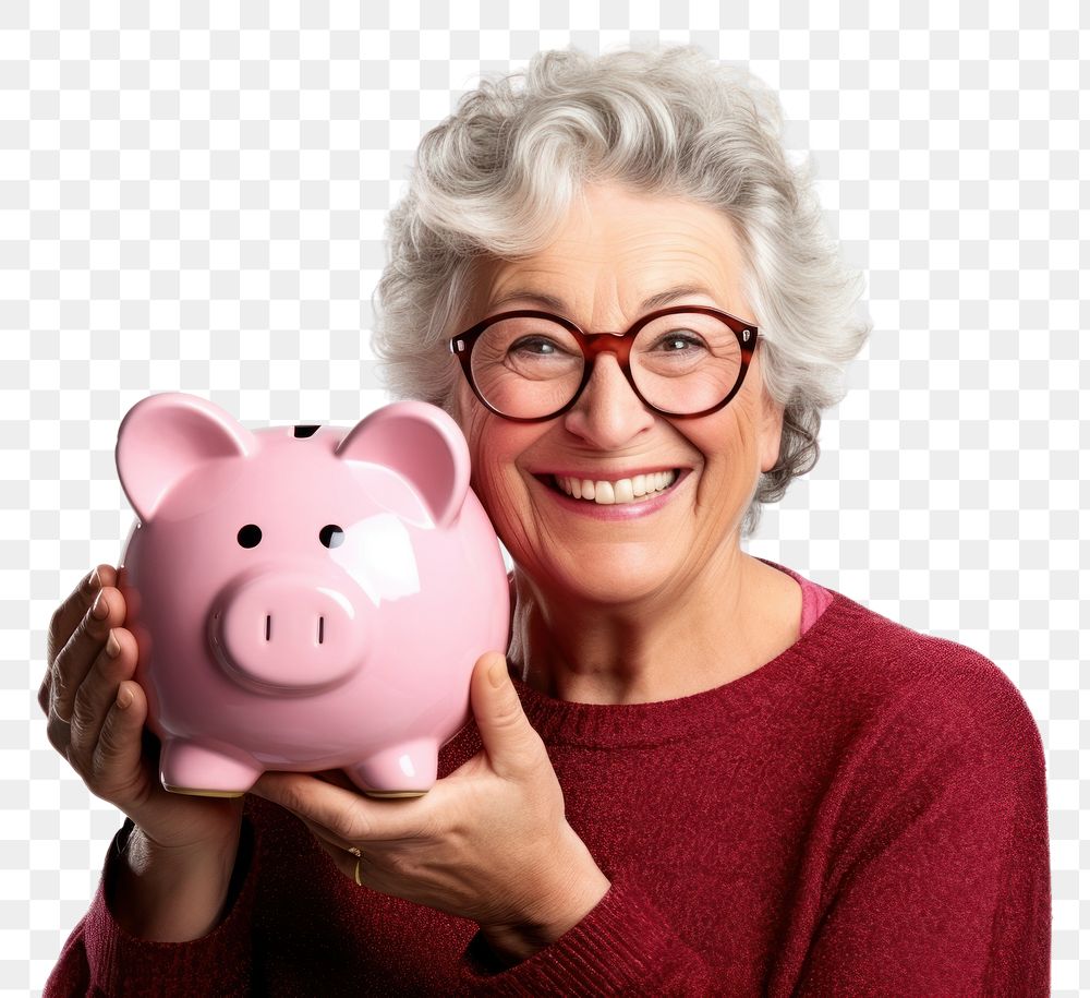 PNG Woman holding his piggy bank adult retirement investment.