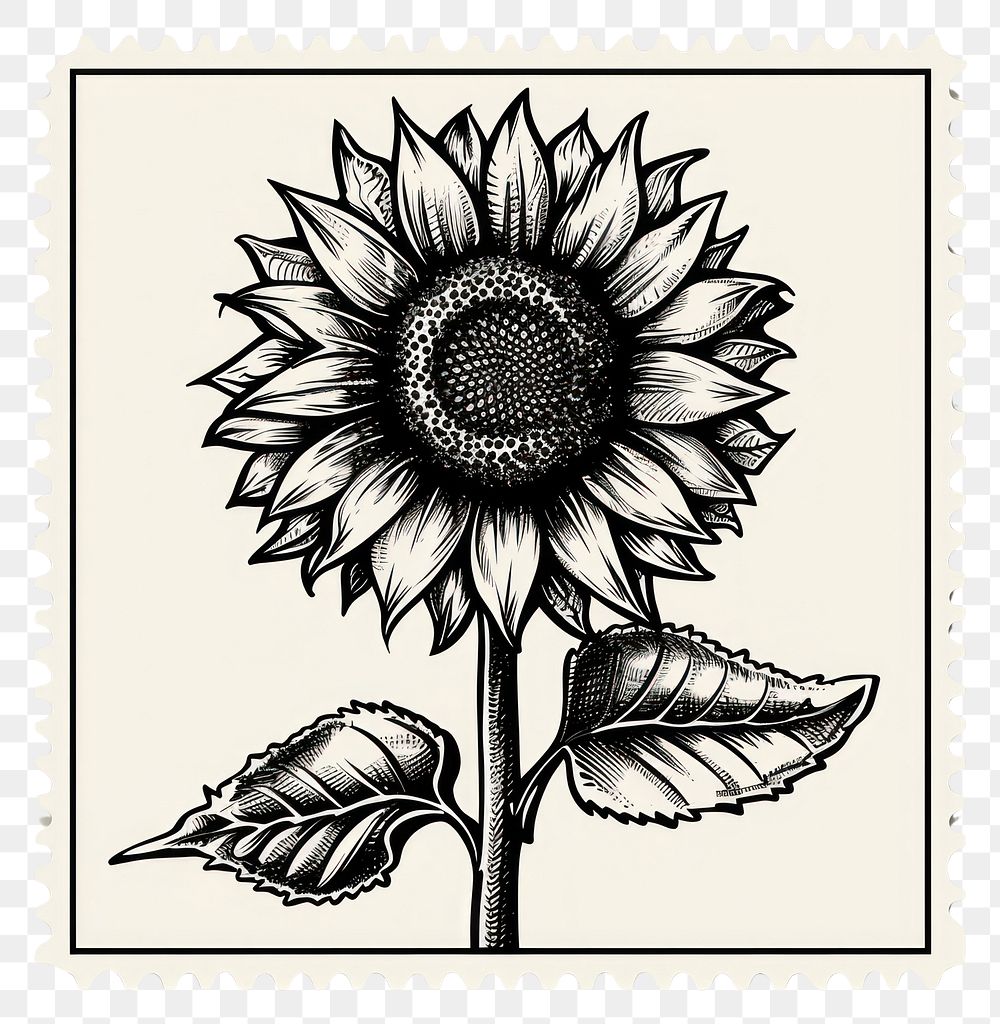 PNG Postage stamp with sunflower sketch drawing plant.