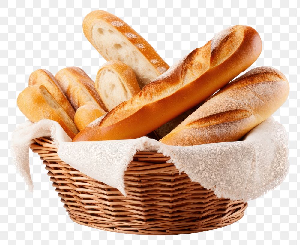 PNG Basket of Fresh homemade bread food white background freshness. AI generated Image by rawpixel.