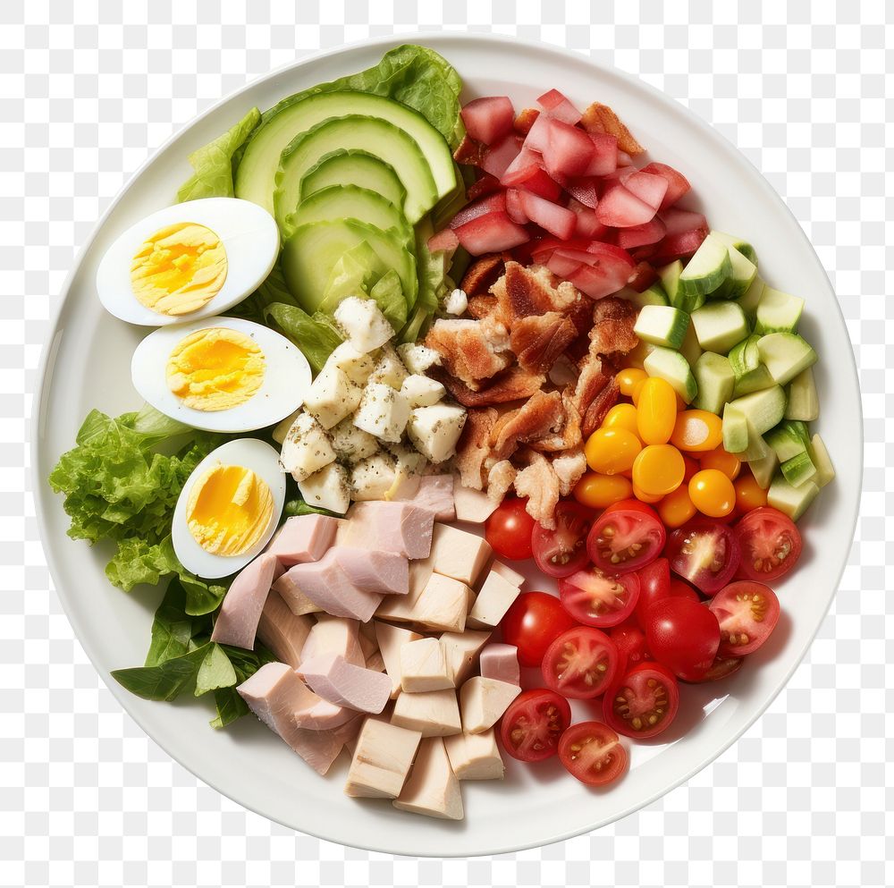 PNG Cobb fresh salad in white plate lunch food meal. AI generated Image by rawpixel.