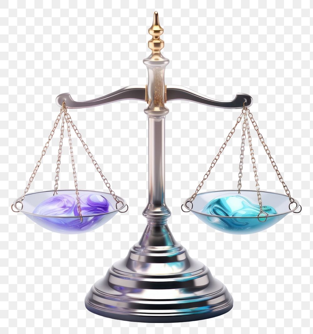PNG 3d render of a legal justice balance scale in surreal abstract style jewelry metal accessories.