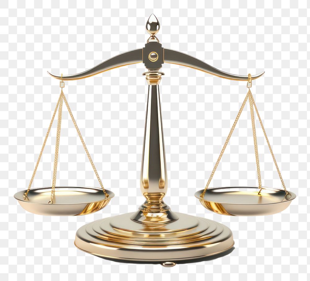 PNG 3d render of a legal justice balance scale in surreal abstract style metal lamp courthouse.