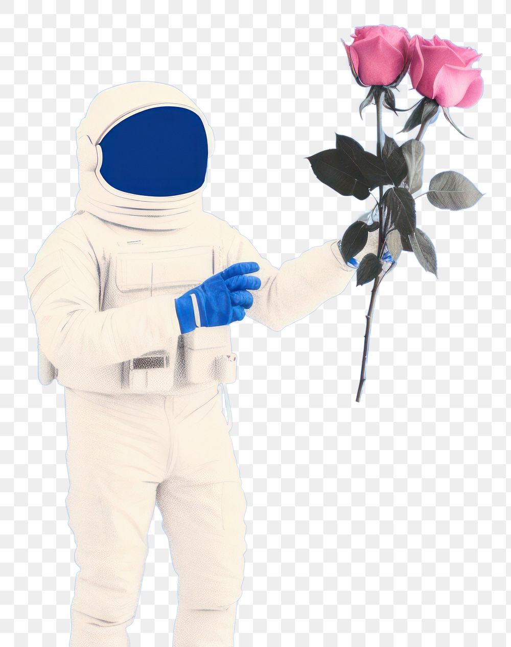 PNG  Astronaut holding a flower outdoors plant rose.