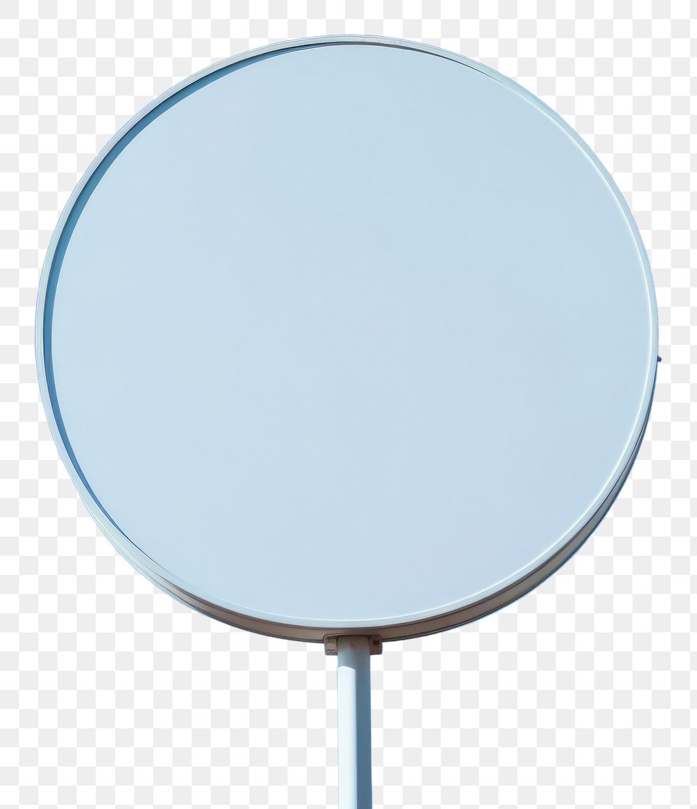 PNG Blank white round traffic sign attached metal pole blue sky reflection.