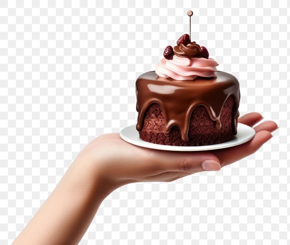 PNG Hand holding chocolate birthday cake dessert cupcake food.