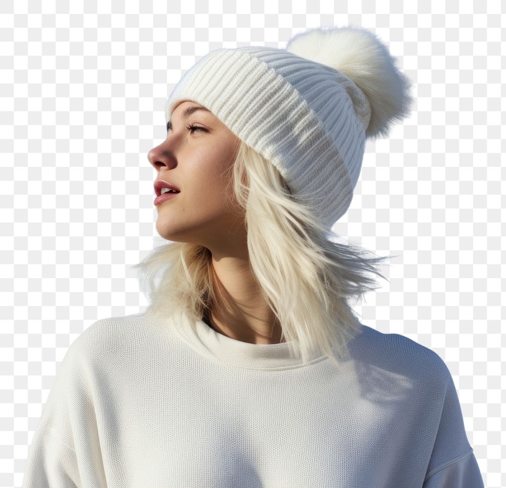 PNG A woman blonde hair wearing white short matching flannel beanie adult blue sky.