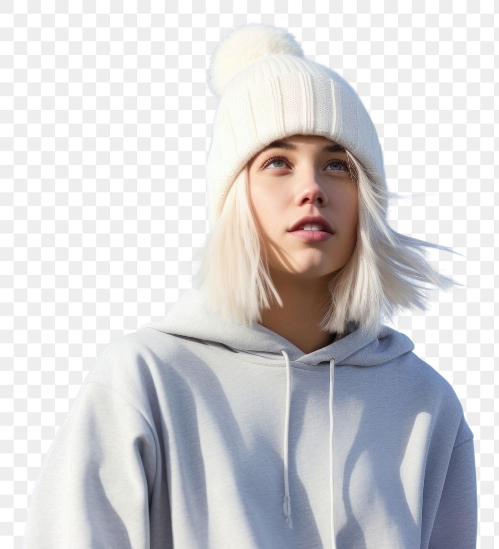 PNG A woman blonde hair wearing white short matching flannel beanie portrait adult blue.