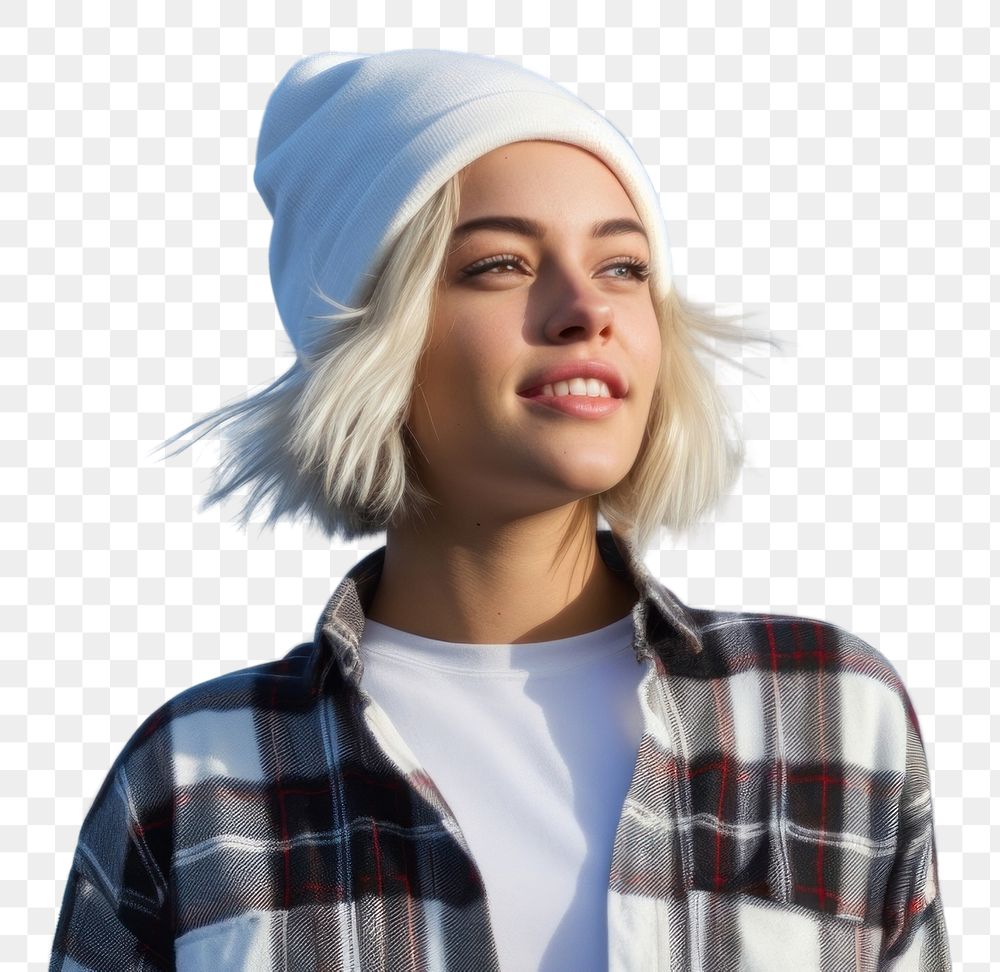 PNG A woman blonde hair wearing white short matching flannel beanie portrait blue sky.