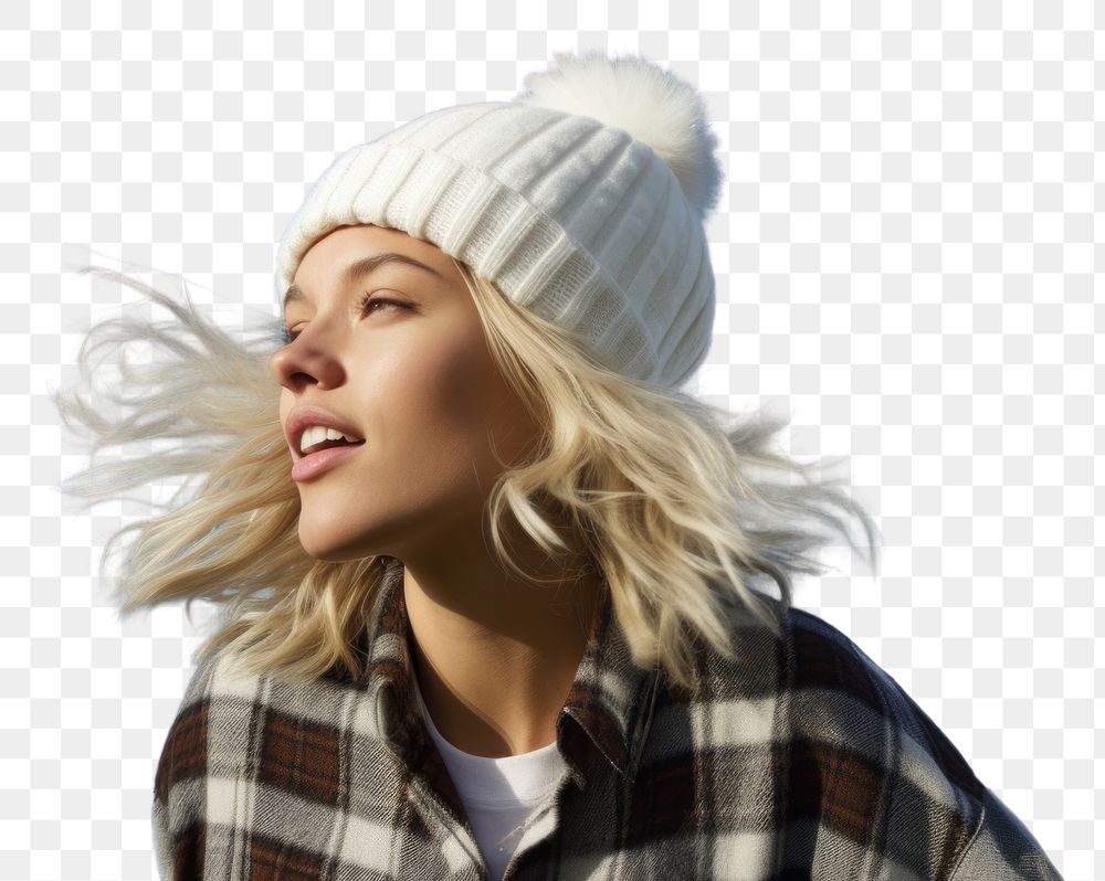 PNG A woman blonde hair wearing white short matching flannel beanie portrait adult blue.