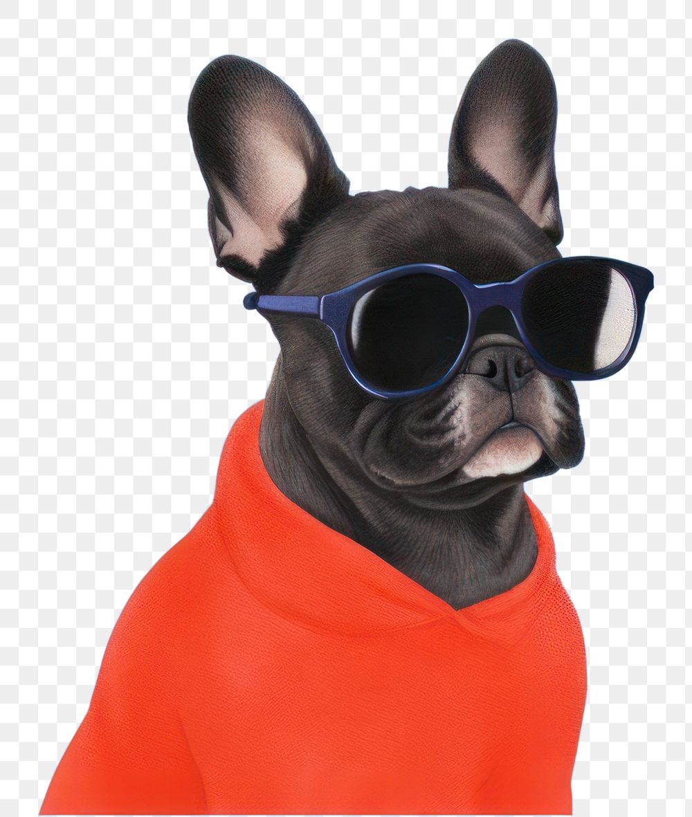 PNG A french bulldog wearing sunglasses on a blue background mammal animal humor. AI generated Image by rawpixel.