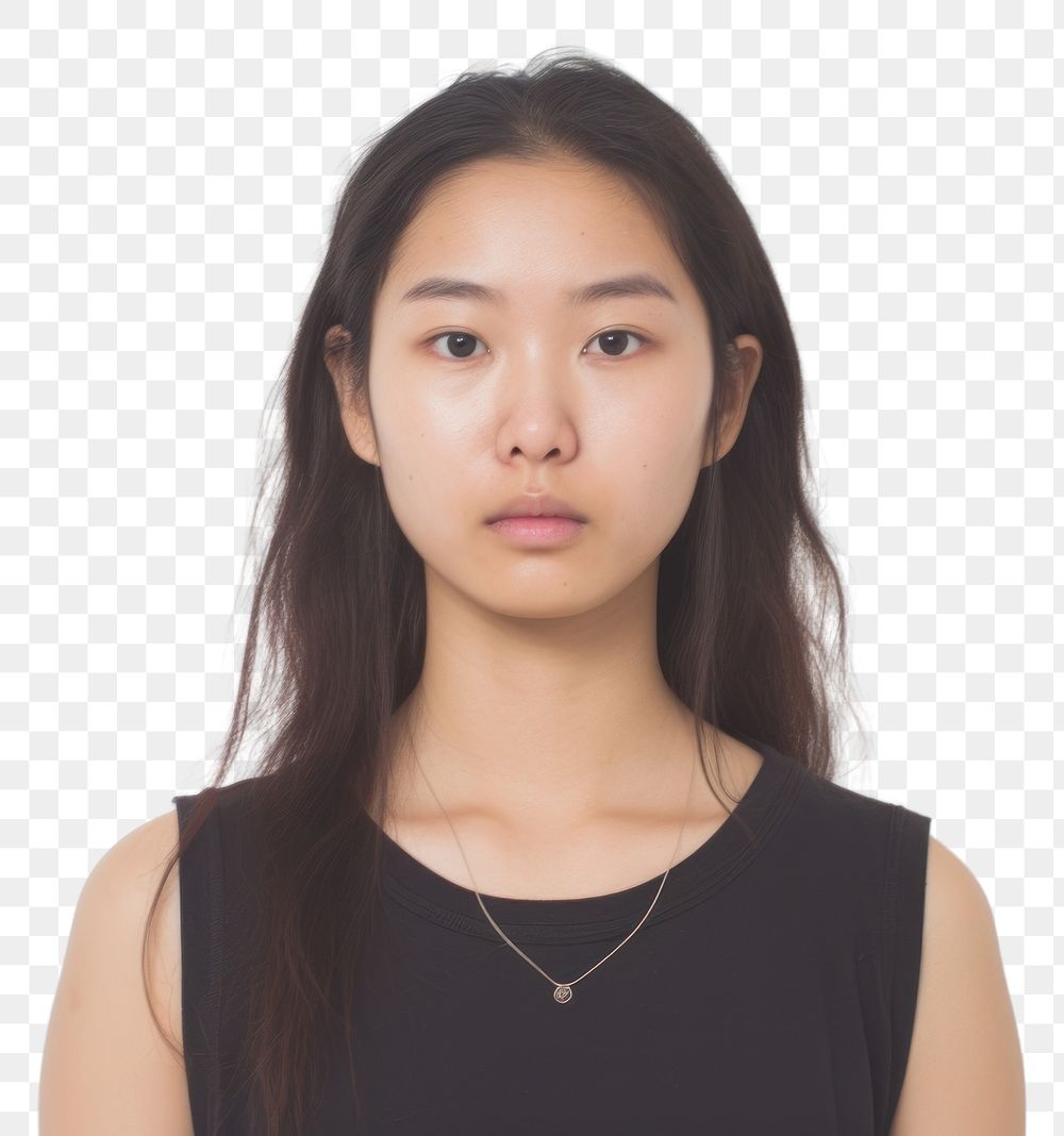 PNG  Asian girl piercing septum portrait necklace white background.