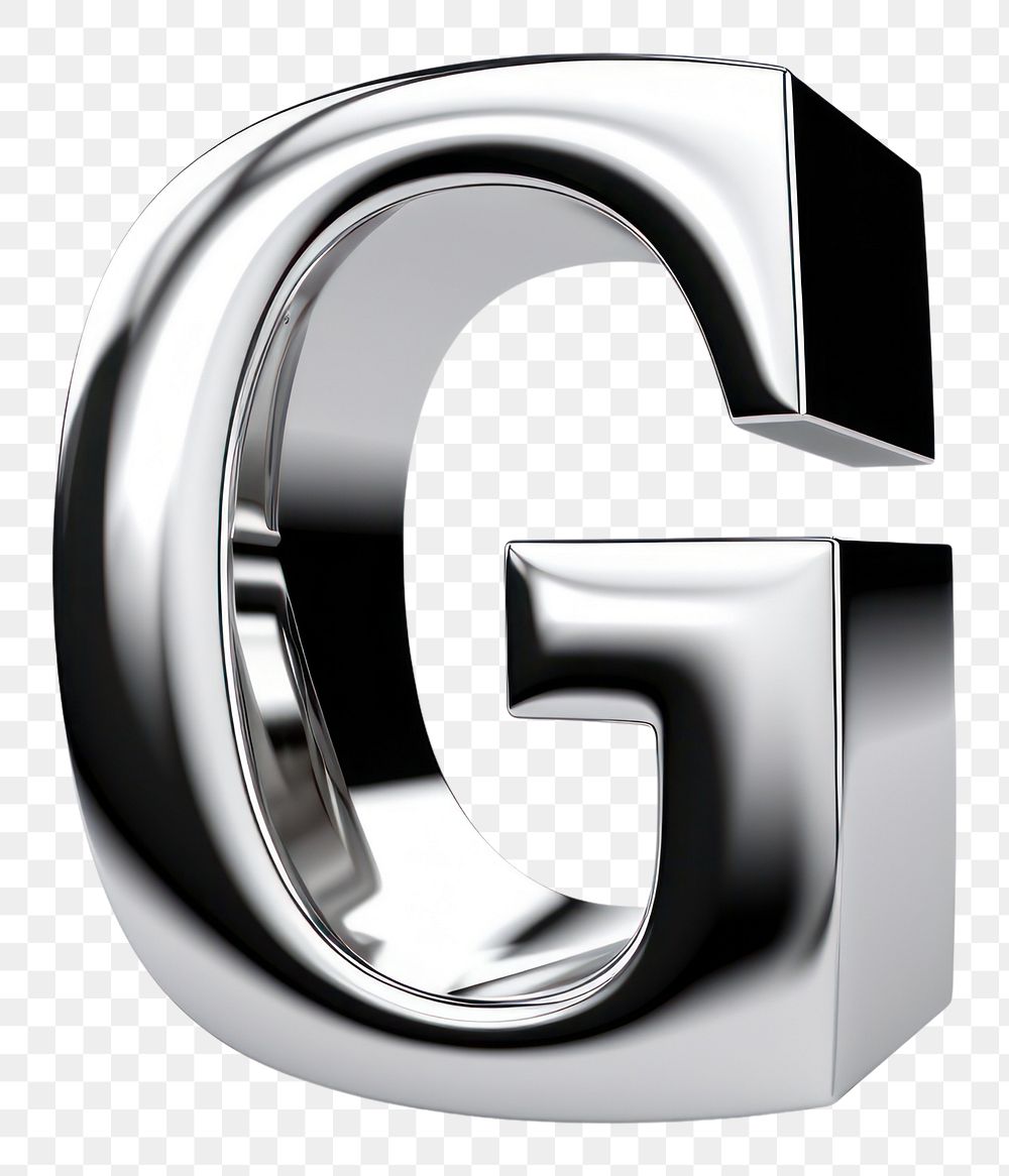 PNG G letter shape Chrome material silver text white background.